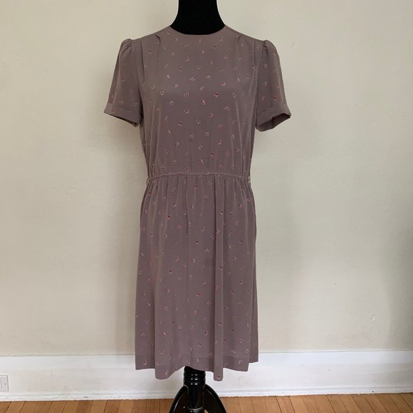 Vintage 80s taupe floral day dress sz M - Picture 1 of 5